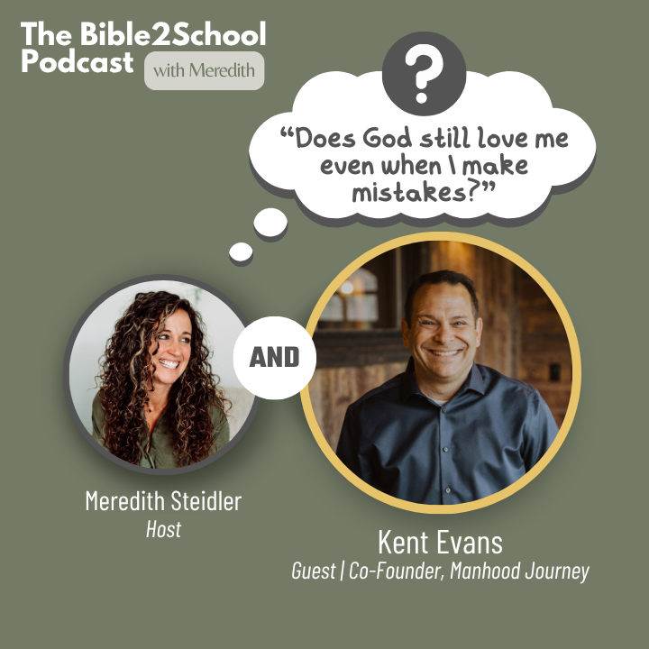 A picture of Bible2School Podcast Host, Meredith Steidler, and guest, Kent Evans, Co-Founder of Manhood Journey, ready to discuss the question, 